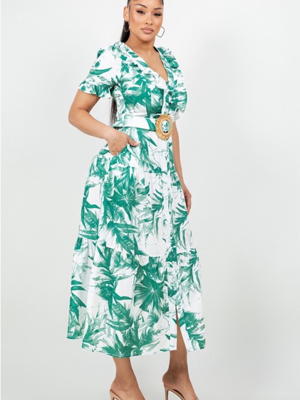 Green Tropical Print Midi Dress with Belt